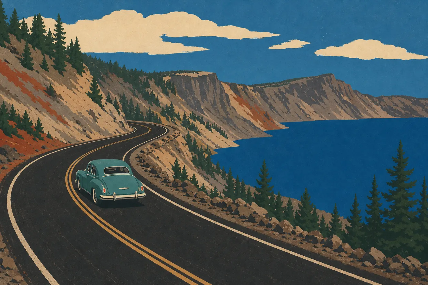 Illustration sérigraphiée : Automobile parcourant la sinueuse Rim Drive avec le lac et les falaises volcaniques en arrière-plan