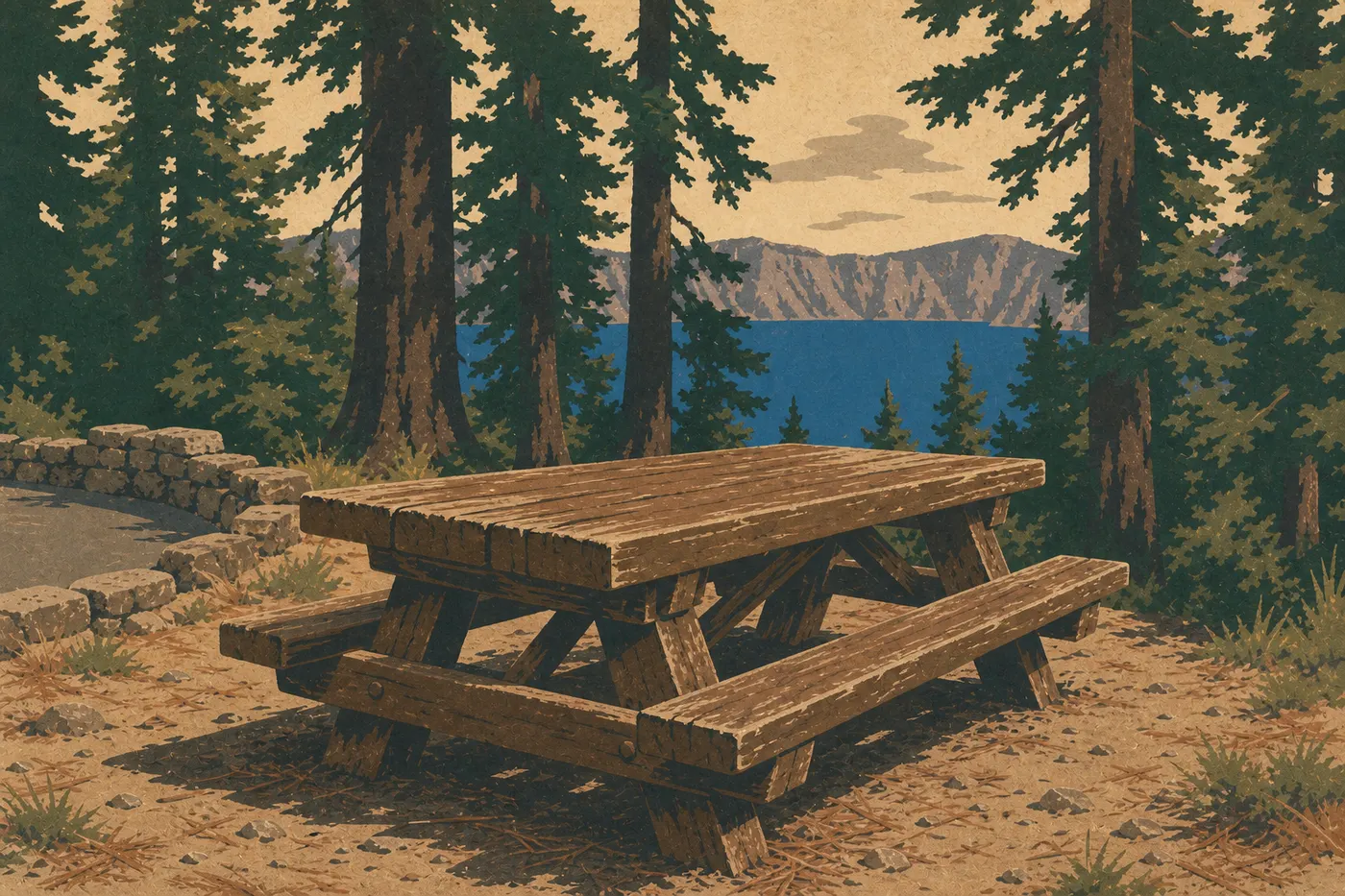 Illustration sérigraphiée : Table de pique-nique de Rim Village entourée de conifères près du rebord de la caldeira