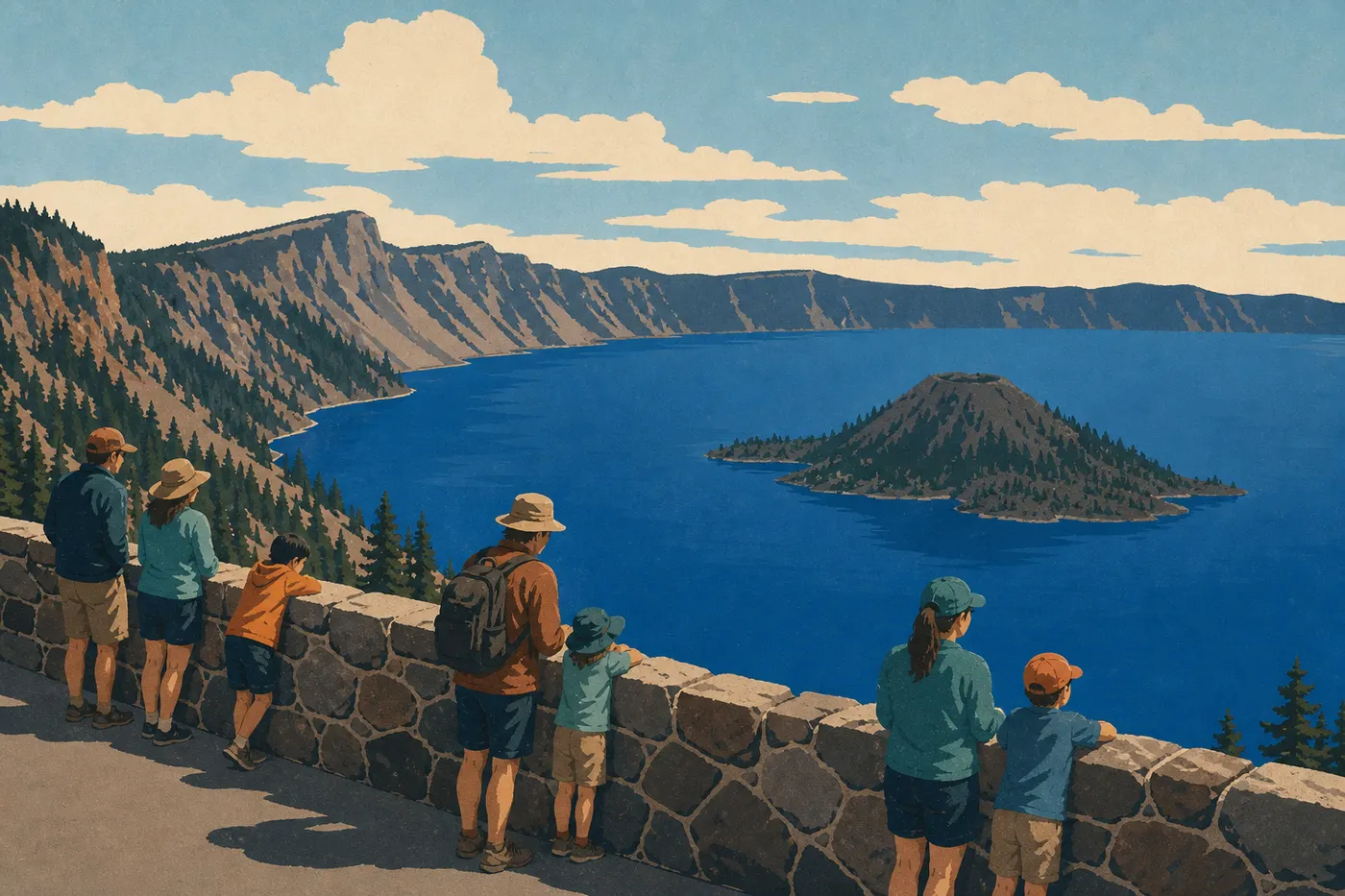 Illustration sérigraphiée : Familles observant le lac depuis le muret de pierre accessible de la Rim Village Promenade