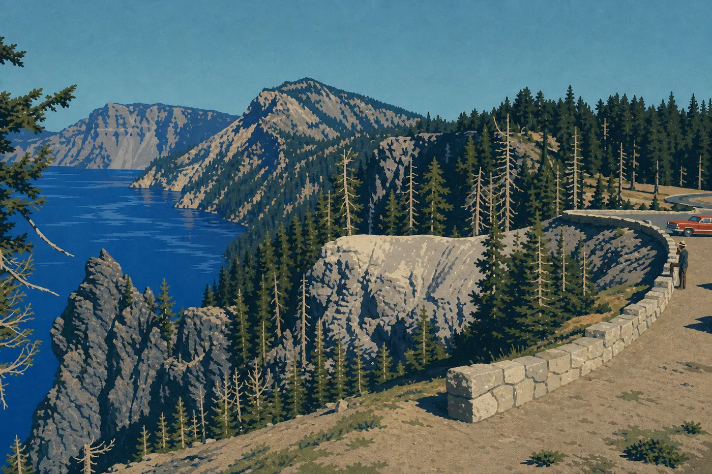 Illustration sérigraphiée : Crater Lake d'un bleu intense sous un ciel clair avec visiteurs le long du rebord estival