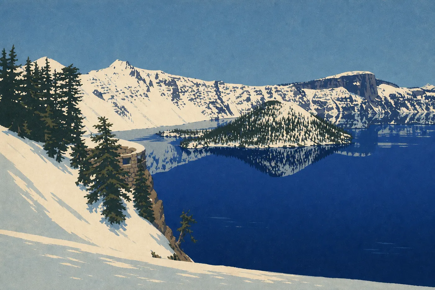 Illustration sérigraphiée : Vue depuis Watchman Overlook sur Wizard Island avec la route panoramique accrochée au rebord occidental