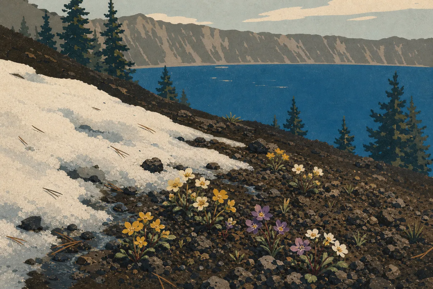 Illustration sérigraphiée : Fleurs sauvages émergeant de la neige tardive sur les pentes dominant le lac au printemps