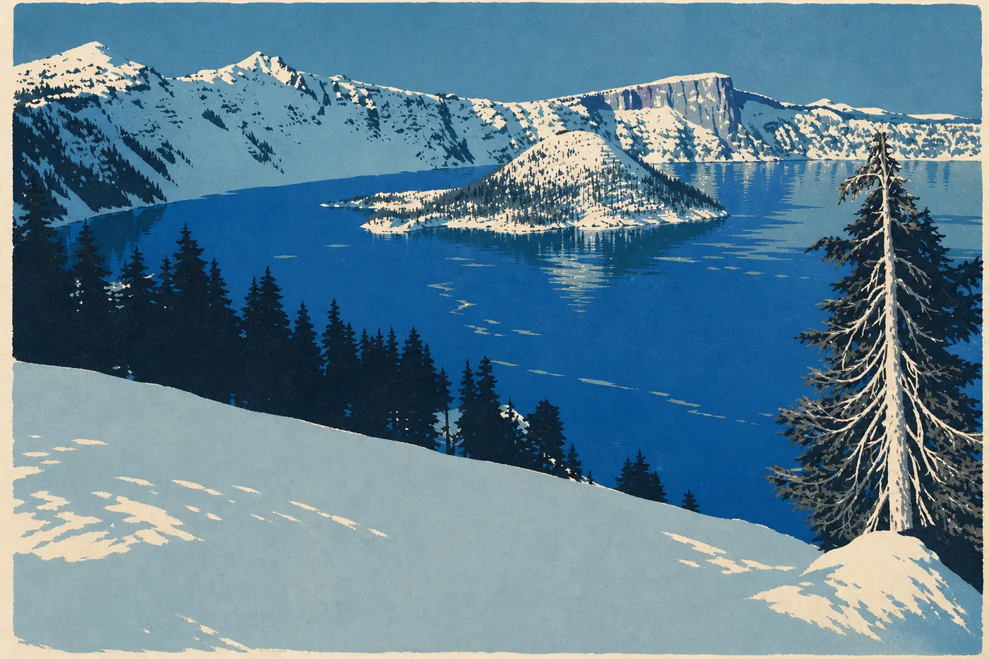 Illustration sérigraphiée : Crater Lake et Wizard Island entourés de corniches blanches après une abondante chute de neige