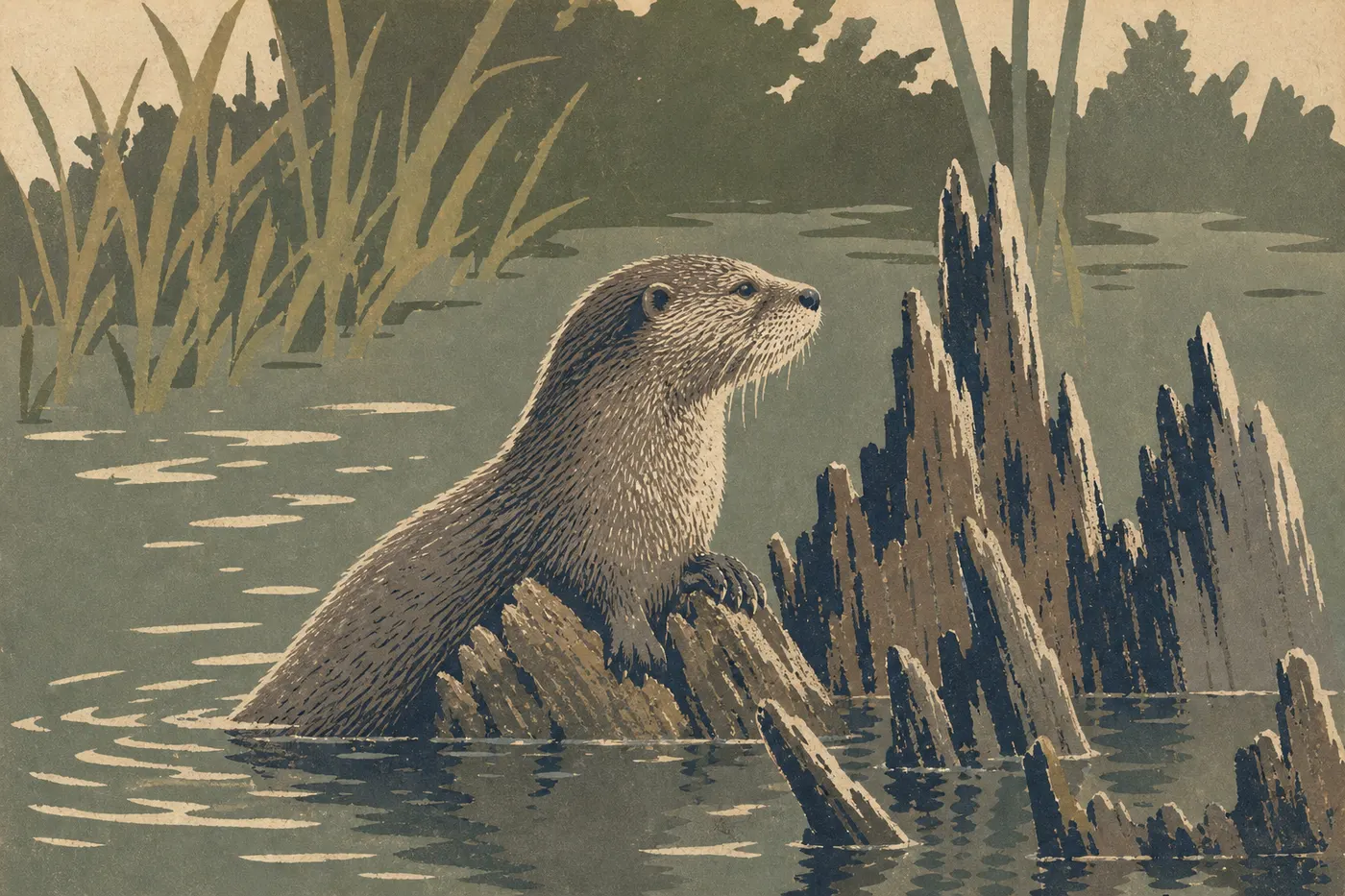 Illustration sérigraphiée : La loutre de rivière