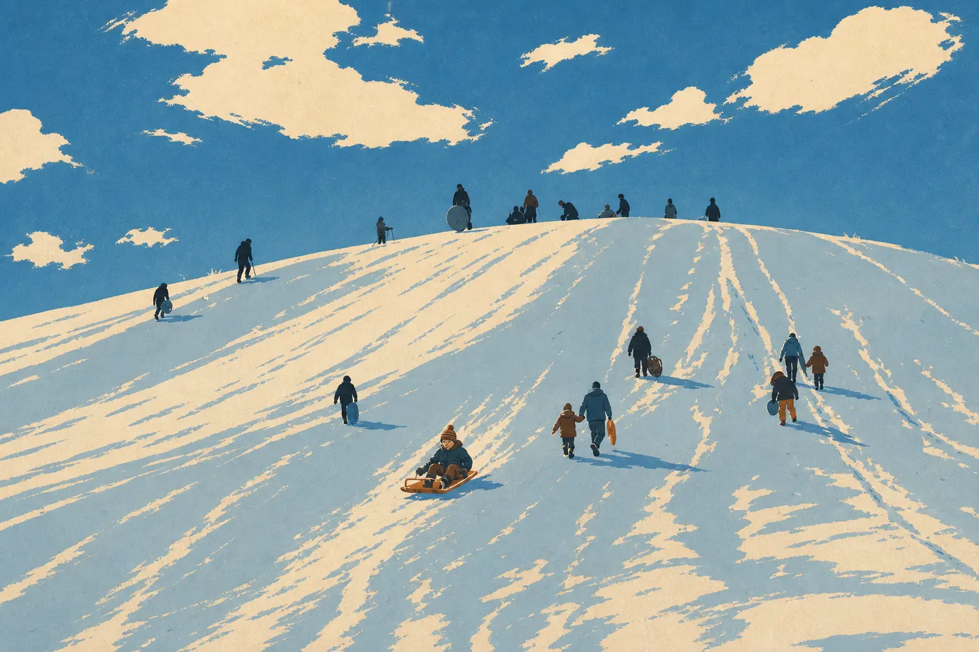 Illustration sérigraphiée : Ski de fond et luge en hiver