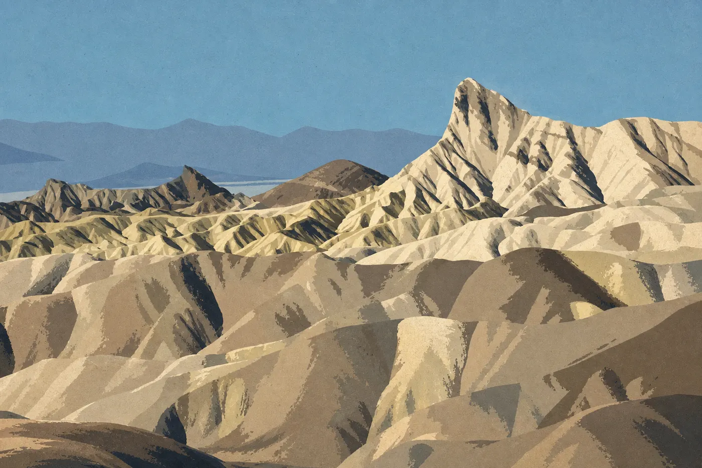 Illustration sérigraphiée : Badlands de Zabriskie Point baignés par une lumière automnale douce sous un ciel bleu parfaitement dégagé
