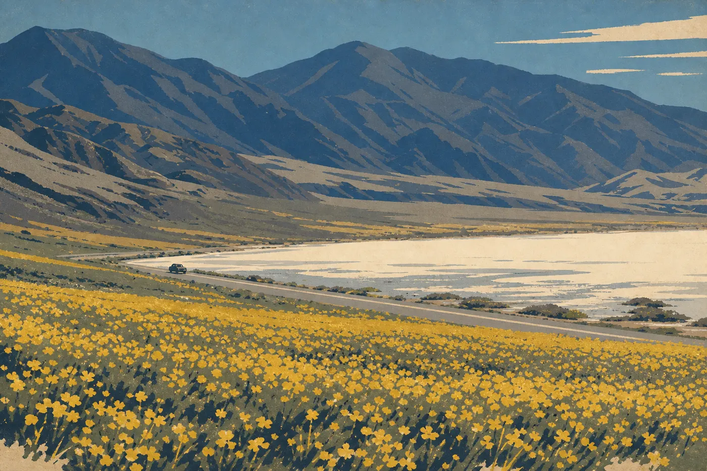 Illustration sérigraphiée : Badwater Road traversant la vallée minérale, avec voiture isolée et chaîne Panamint fermant l'horizon