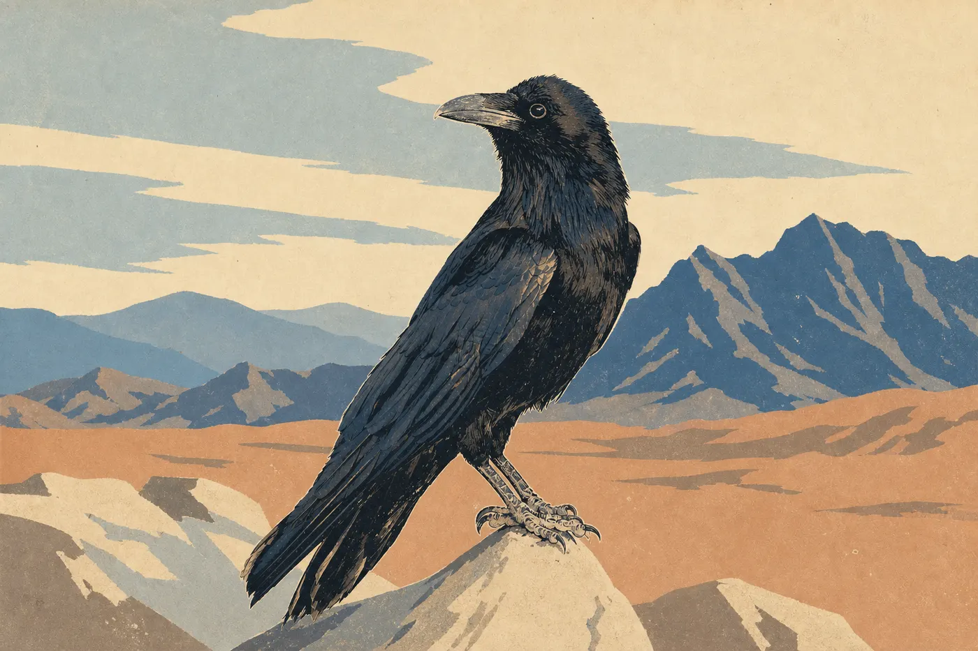 Illustration sérigraphiée : Grand corbeau perché sur un rocher clair, silhouette noire découpée devant les montagnes désertiques lointaines