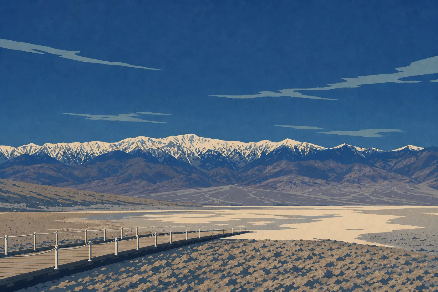 Illustration sérigraphiée : Sommets enneigés des Panamint Mountains dominant les salines lumineuses de Badwater Basin par une matinée hivernale