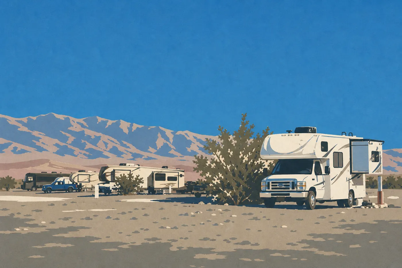 Illustration sérigraphiée : Camping-car installé au Sunset Campground dans la vaste cuvette désertique dominée par les montagnes Panamint