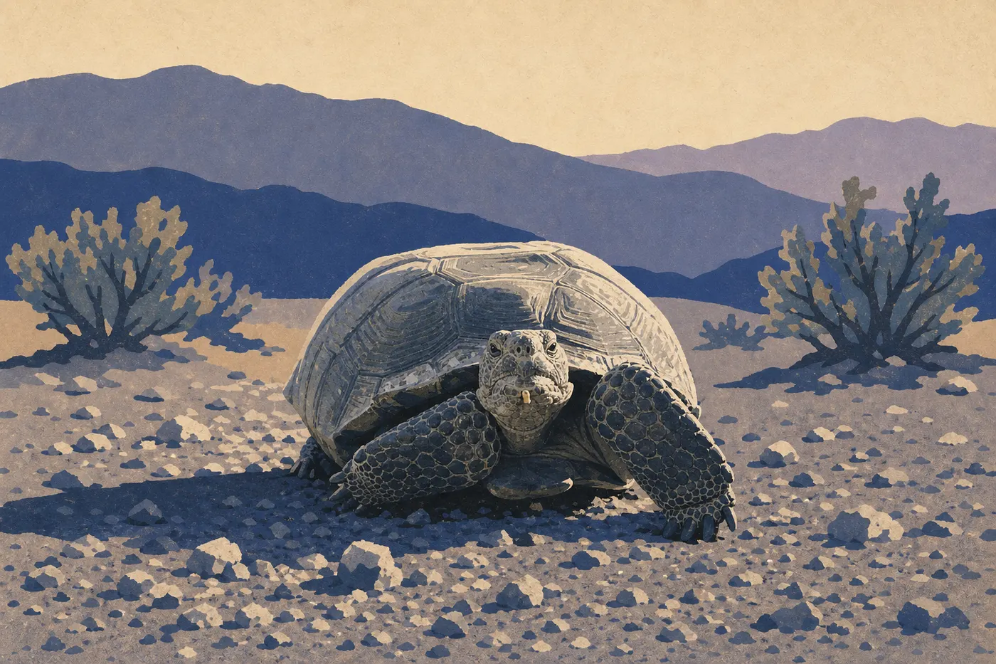 Illustration sérigraphiée : Tortue du désert avançant lentement sur un sol graveleux parsemé de petits arbustes de créosote