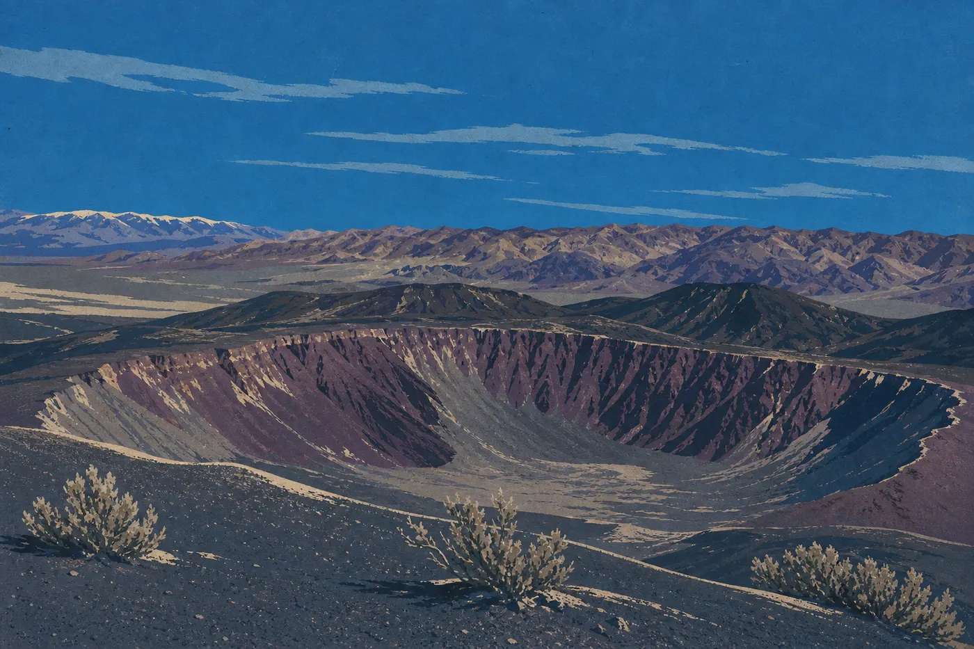 Illustration sérigraphiée : Immense cratère Ubehebe aux parois volcaniques rouges et noires observé depuis son rebord panoramique