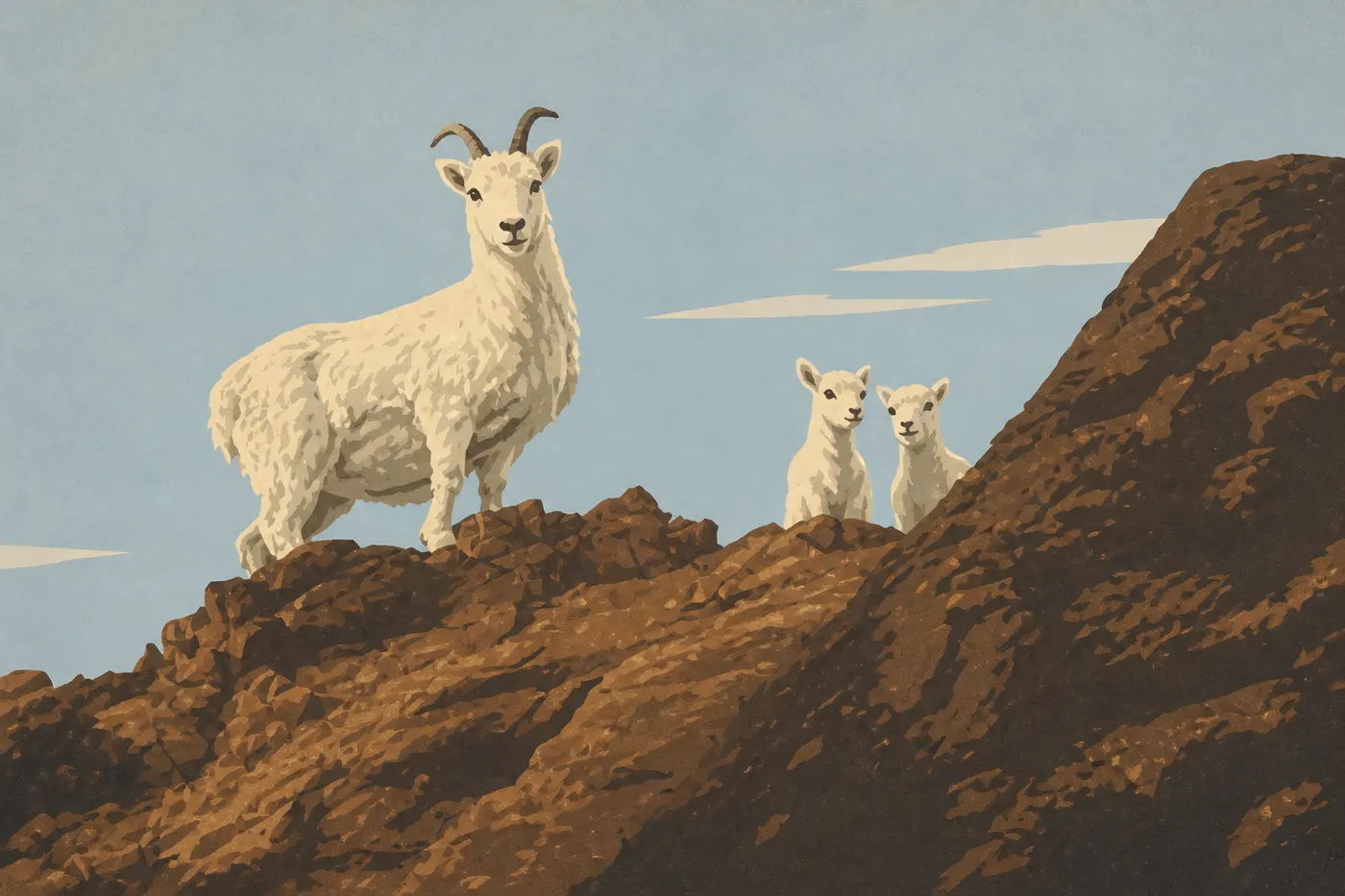 Illustration sérigraphiée : Un mouflon de Dall blanc se détache sur une crête rocheuse escarpée de l'Alaska Range.