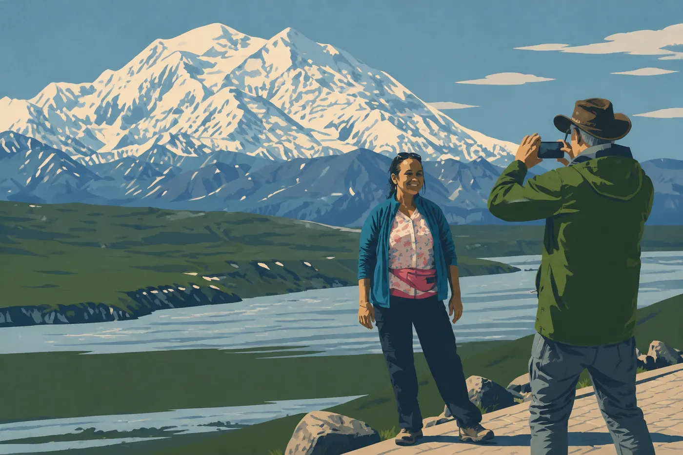 Illustration sérigraphiée : Le sommet de Denali domine la toundra depuis les abords de l'Eielson Visitor Center sous un ciel dégagé.
