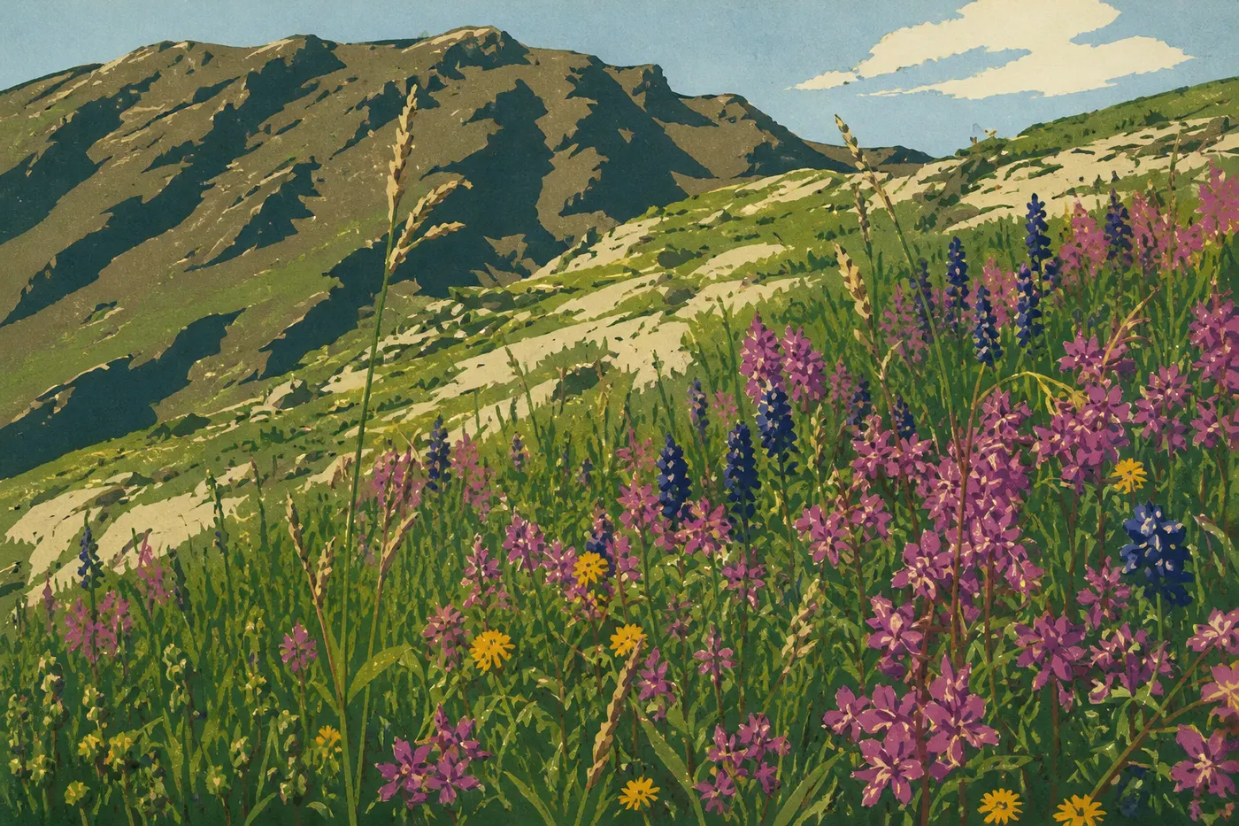 Illustration sérigraphiée : Des fleurs sauvages colorent la toundra estivale de Denali sous les longues lumières d'un ciel clair.