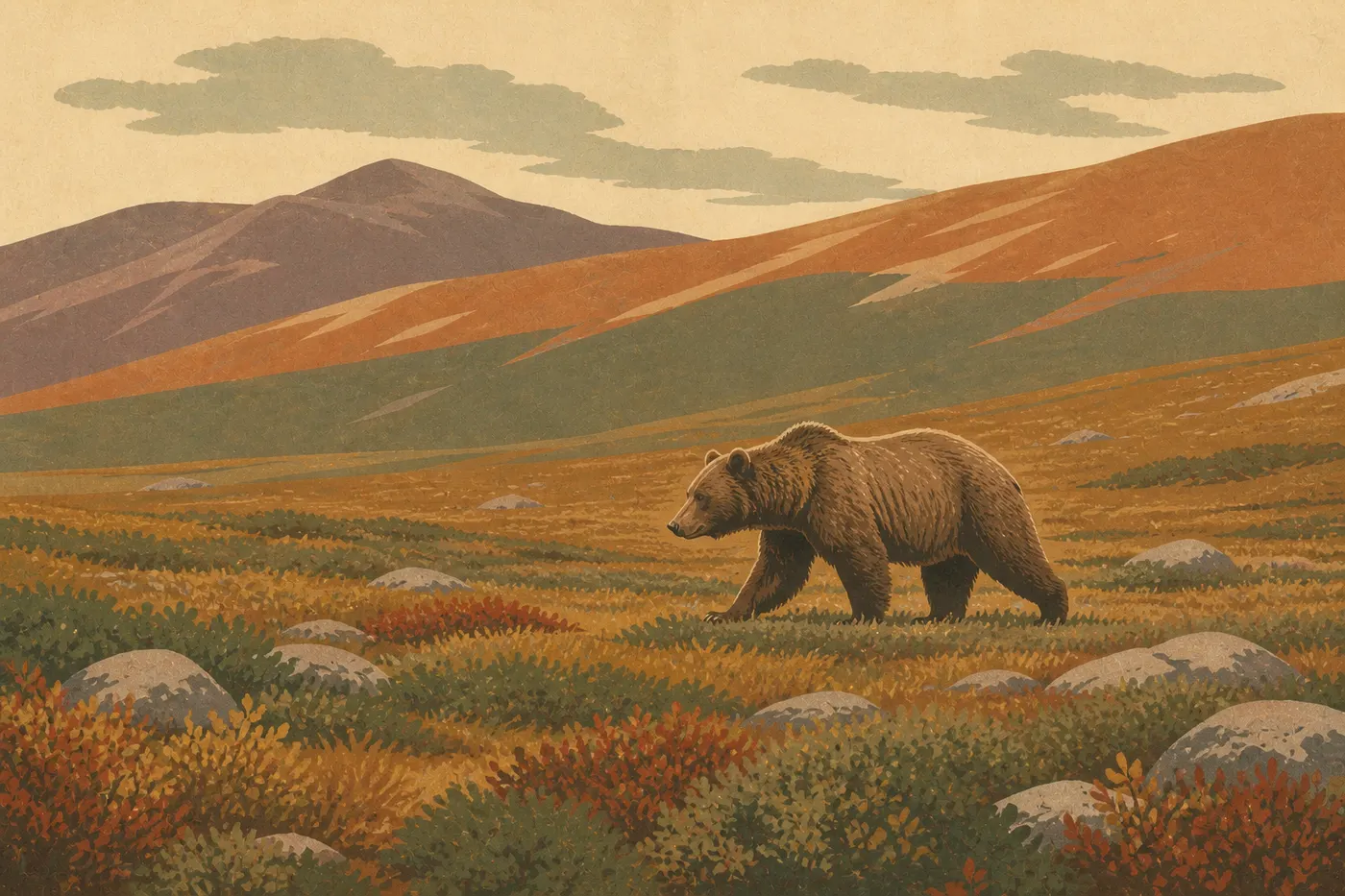 Illustration sérigraphiée : Un grizzli solitaire traverse la toundra alpine de Denali, entouré de buissons bas aux couleurs automnales.