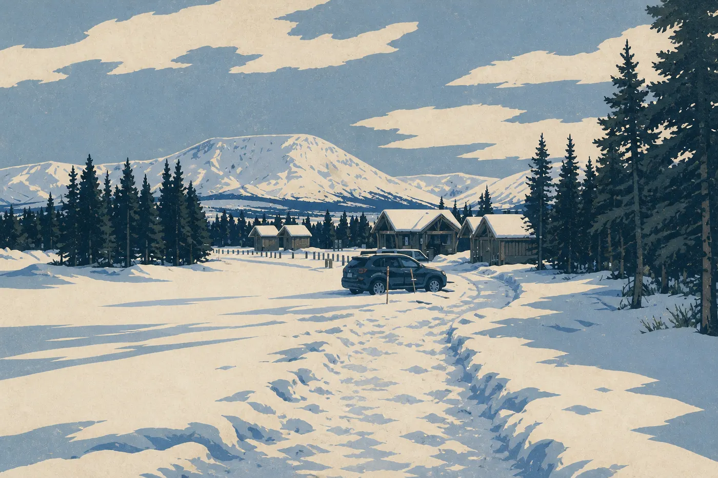 Illustration sérigraphiée : La Denali Park Road disparaît sous la neige entre les épicéas givrés et les montagnes pâles.