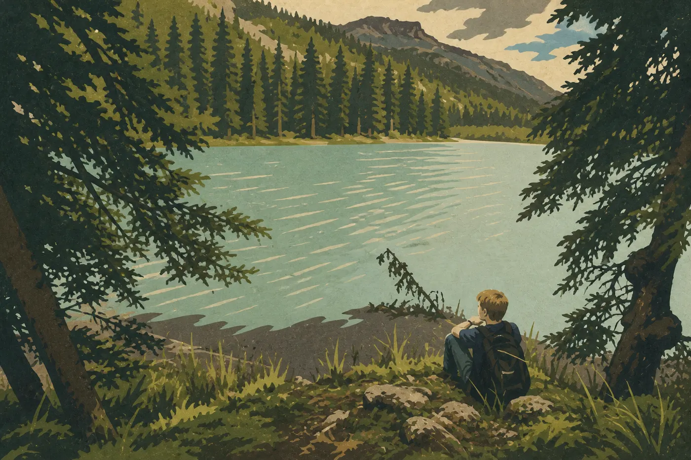Illustration sérigraphiée : Des visiteurs longent Horseshoe Lake sur son sentier forestier, avec le lac et les montagnes en arrière-plan.