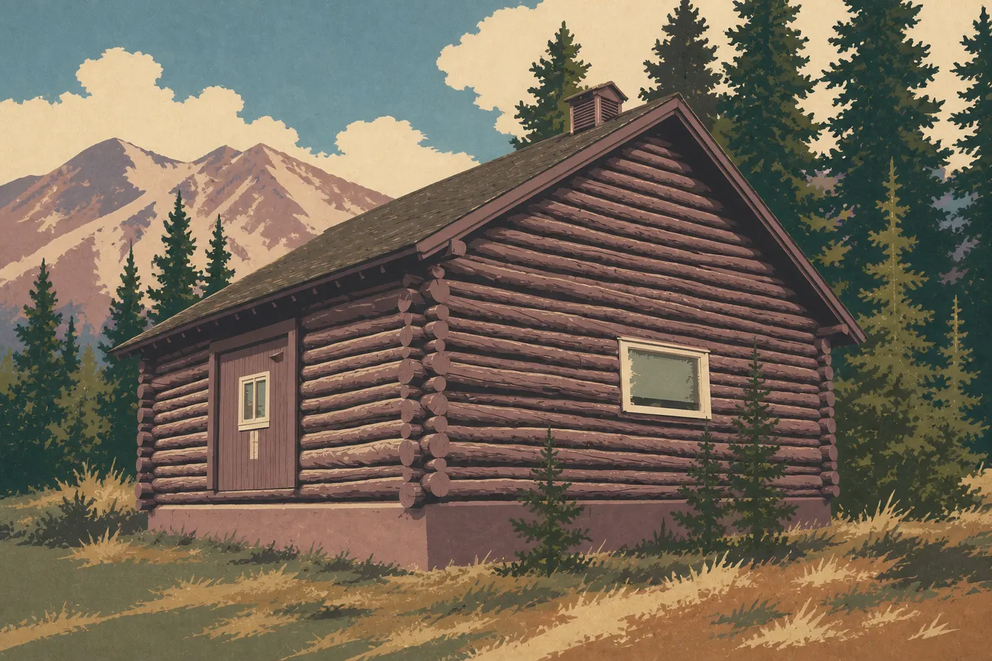Illustration sérigraphiée : Une cabane historique en bois de Kantishna repose dans une clairière sauvage au pied des montagnes.