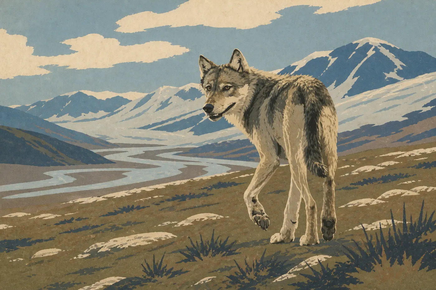 Illustration sérigraphiée : Un loup gris marche sur la toundra ouverte de Denali, avec une vallée glaciaire en profondeur.
