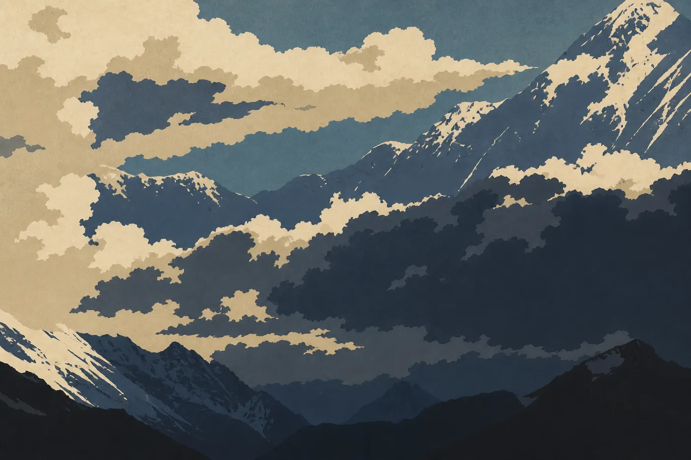 Illustration sérigraphiée : Le sommet de Denali émerge partiellement d'une épaisse couche de nuages au-dessus de l'Alaska Range.
