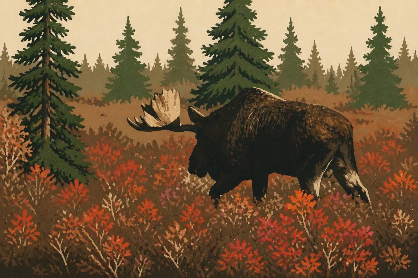 Illustration sérigraphiée : Un orignal mâle avance parmi les saules près d'un étang de la zone d'entrée de Denali.