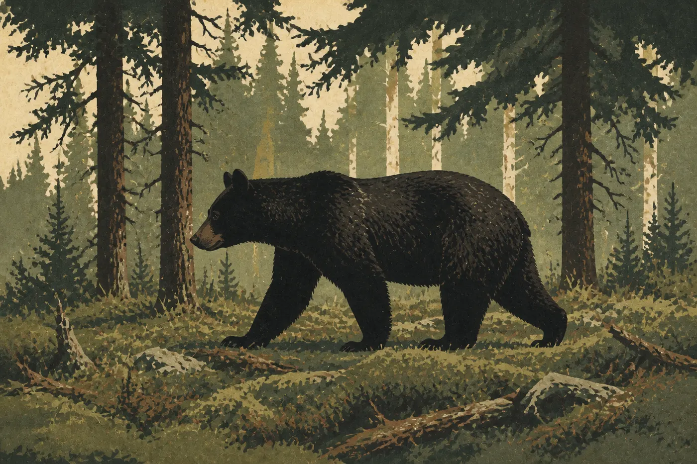 Illustration sérigraphiée : Un ours noir traverse la forêt boréale d'épicéas près de l'entrée du parc national Denali.