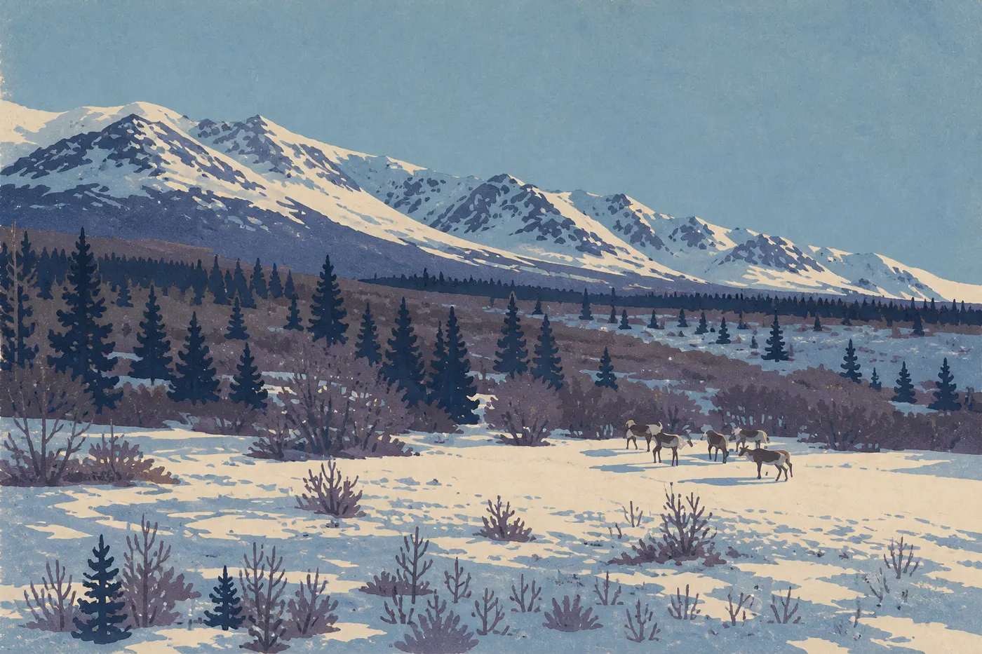 Illustration sérigraphiée : La toundra printanière réapparaît autour de Savage River tandis que les sommets restent couverts de neige.