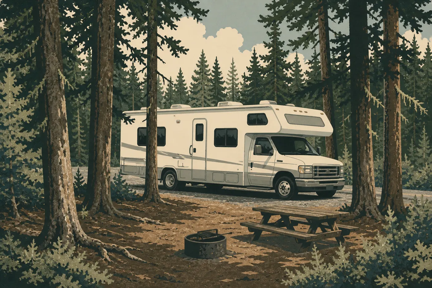 Illustration sérigraphiée : Un camping-car stationne parmi les épicéas sur un emplacement aménagé du Riley Creek Campground.
