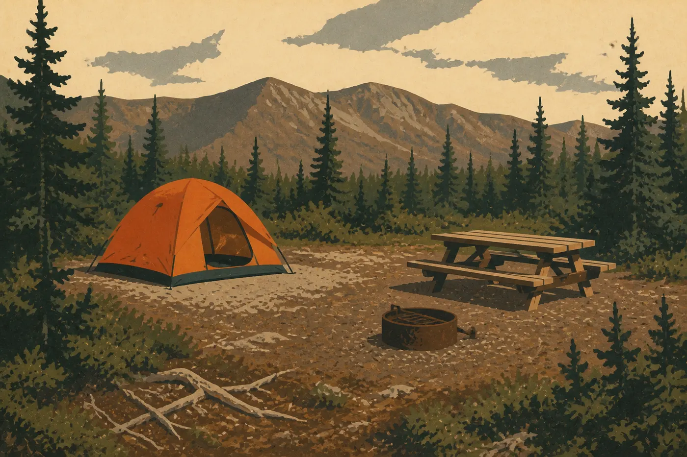 Illustration sérigraphiée : Une tente et sa table de pique-nique occupent un emplacement boisé du Savage River Campground.