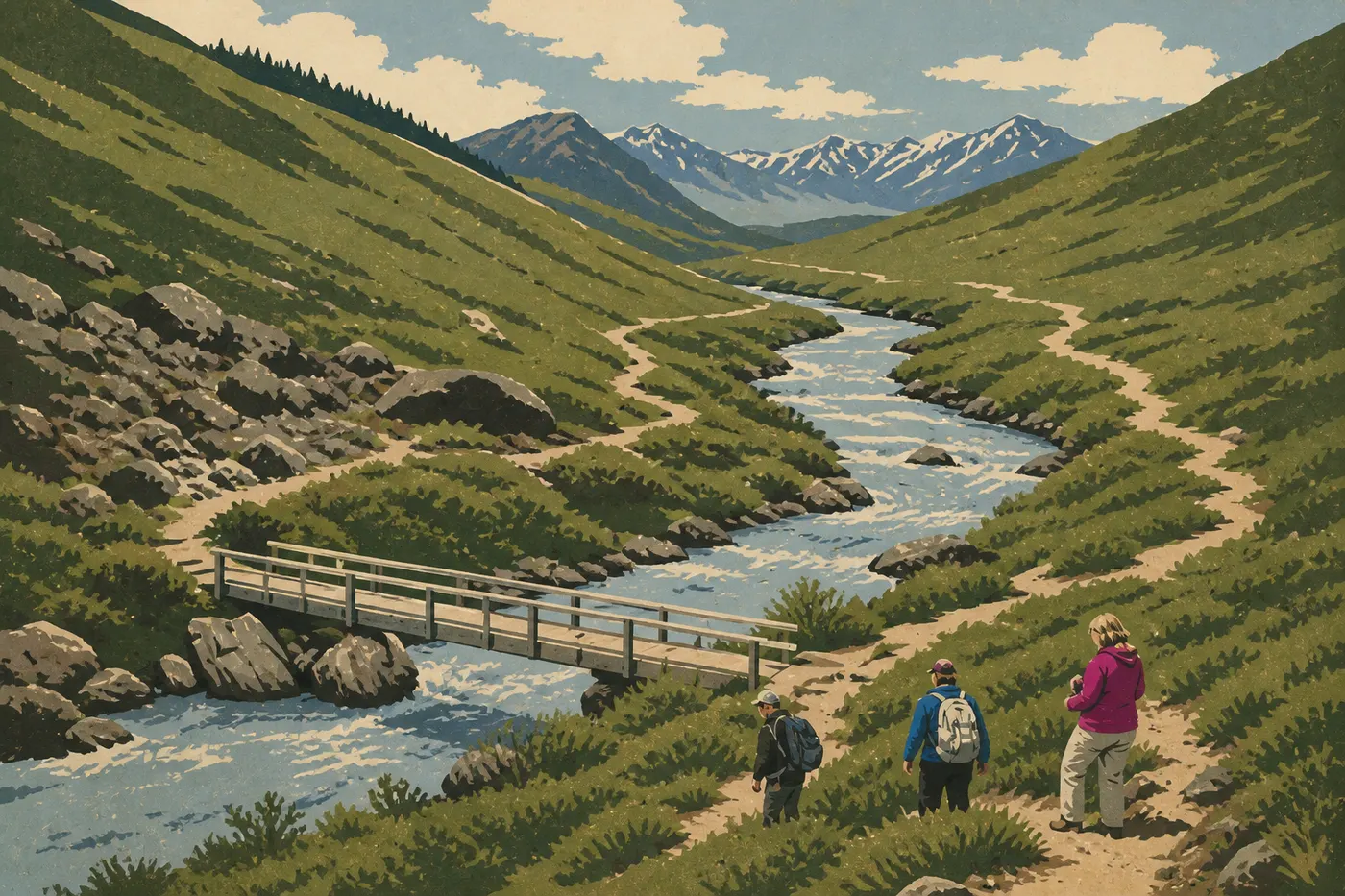 Illustration sérigraphiée : Une famille chemine sur le sentier facile de Savage River Loop, au bord de la rivière pierreuse.