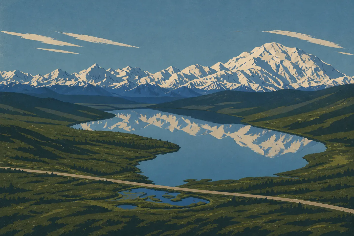 Illustration sérigraphiée : Le massif de Denali se reflète dans les eaux calmes de Wonder Lake, encadré par la toundra.