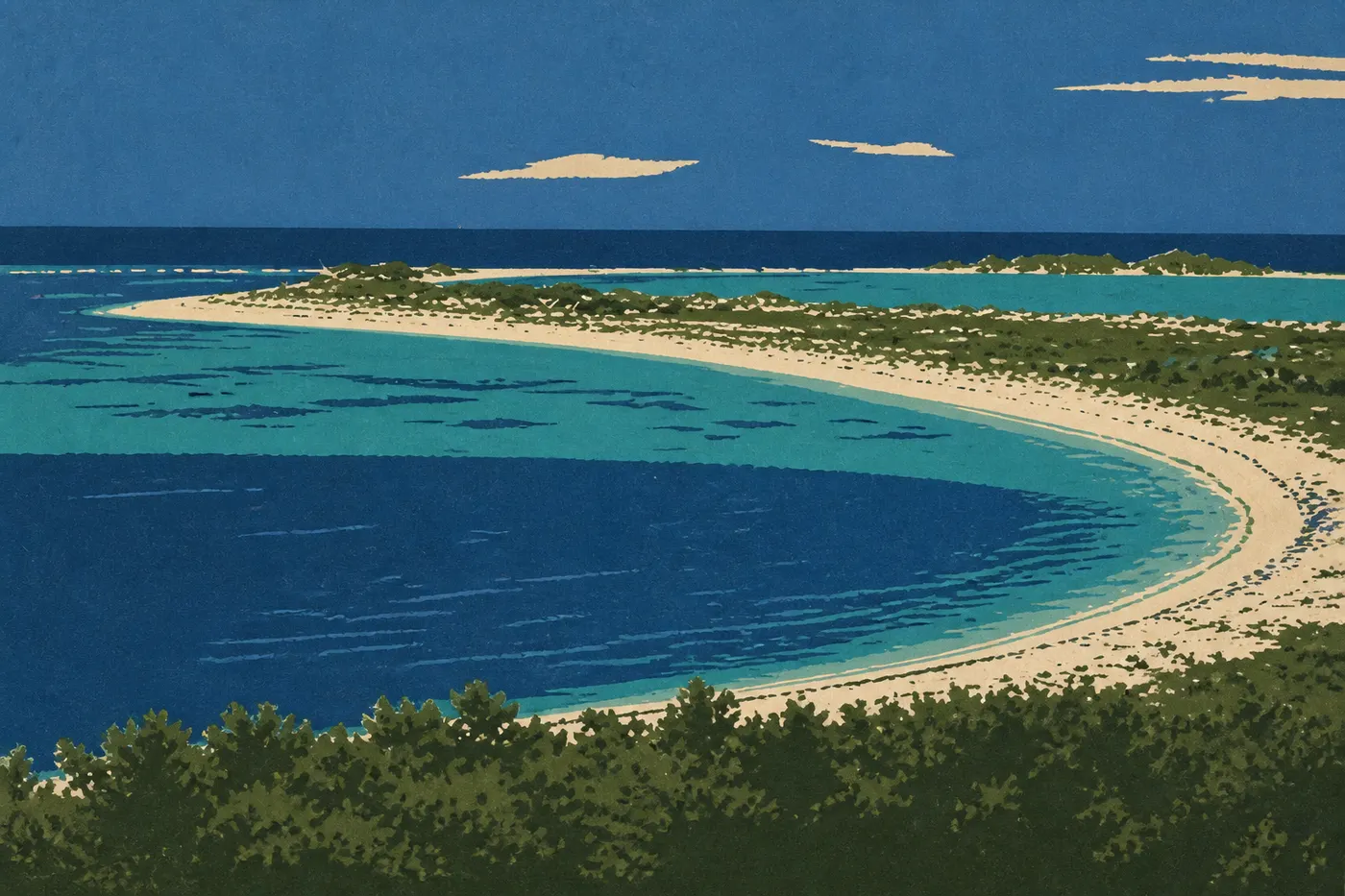 Illustration sérigraphiée : Plage sauvage de Bush Key rouverte en automne, bordée de végétation basse et de débris coralliens