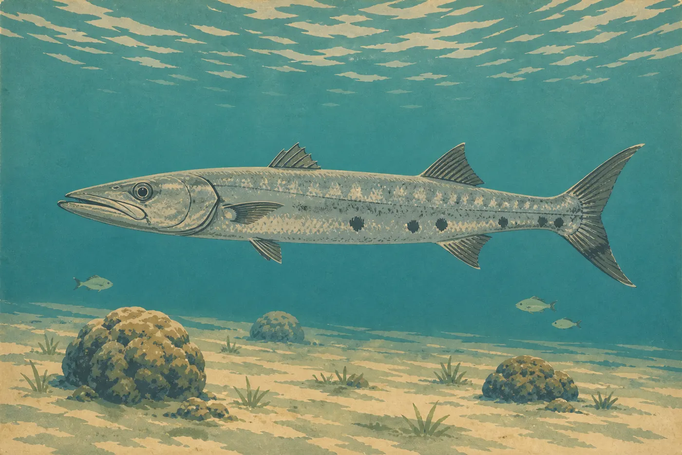 Ilustración serigrafiada: Gran barracuda plateado inmóvil junto a un arrecife poco profundo en las aguas de Garden Key