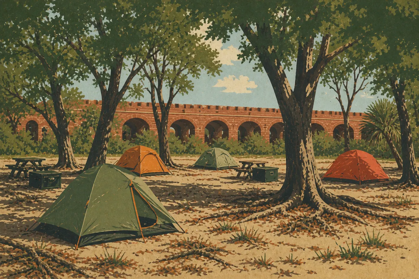 Illustration sérigraphiée : Tentes installées sous les arbres du camping primitif de Garden Key avec Fort Jefferson en arrière-plan
