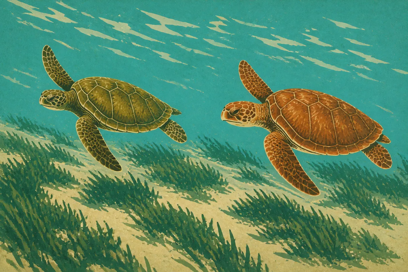 Illustration sérigraphiée : Tortues verte et caouanne nageant dans les eaux peu profondes au-dessus des herbiers de Dry Tortugas