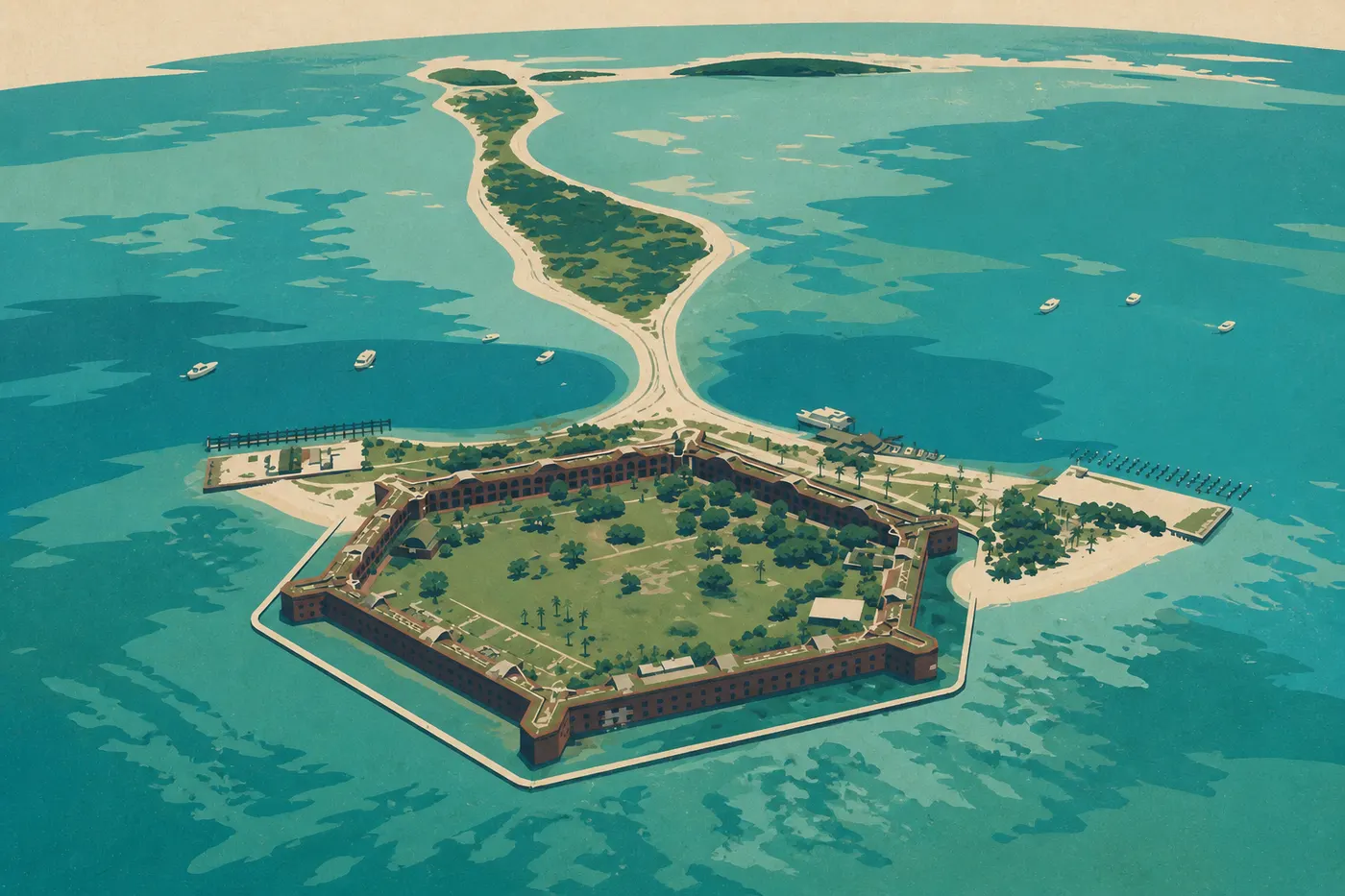Illustration sérigraphiée : Mer estivale calme et transparente devant South Beach et les murailles en briques de Fort Jefferson