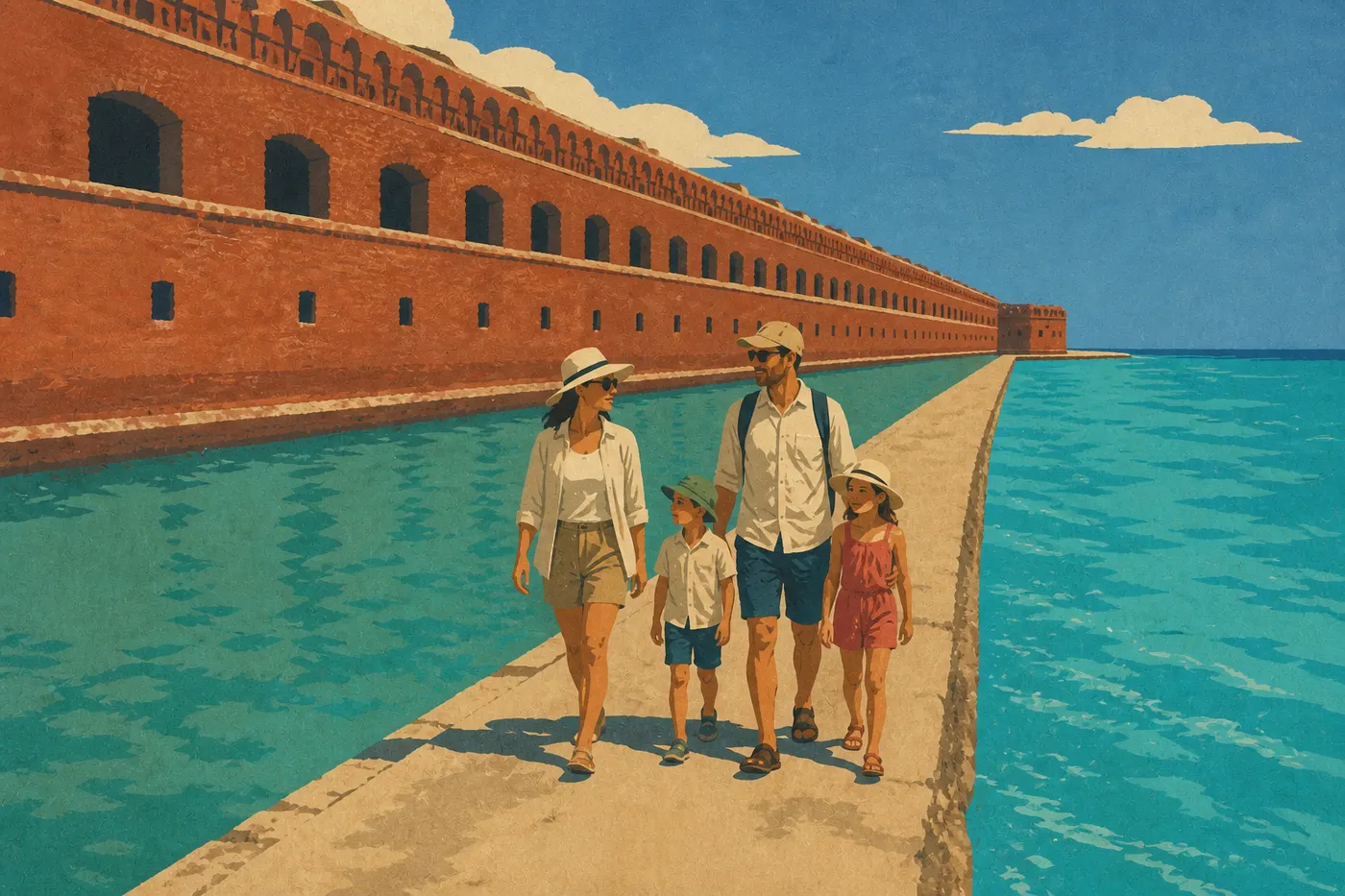 Illustration sérigraphiée : Famille parcourant la promenade des douves devant les imposantes murailles rouges de Fort Jefferson