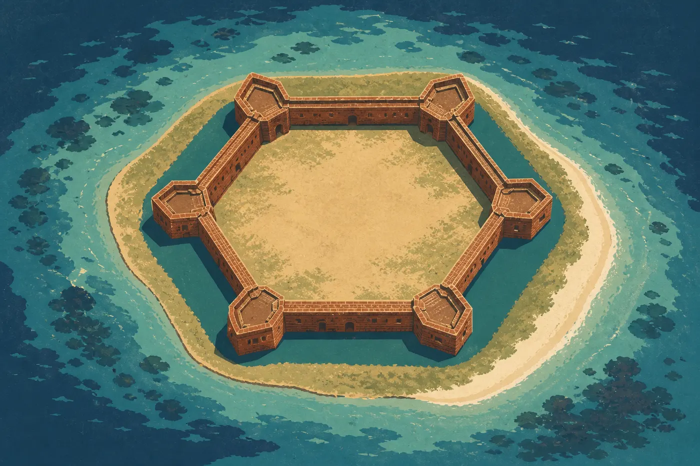 Illustration sérigraphiée : Vue aérienne de Fort Jefferson encerclé par ses douves turquoise sur la petite île de Garden Key