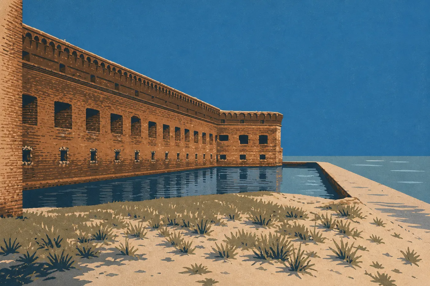 Illustration sérigraphiée : Fort Jefferson et South Beach sous la lumière claire d'une journée sèche d'hiver à Garden Key