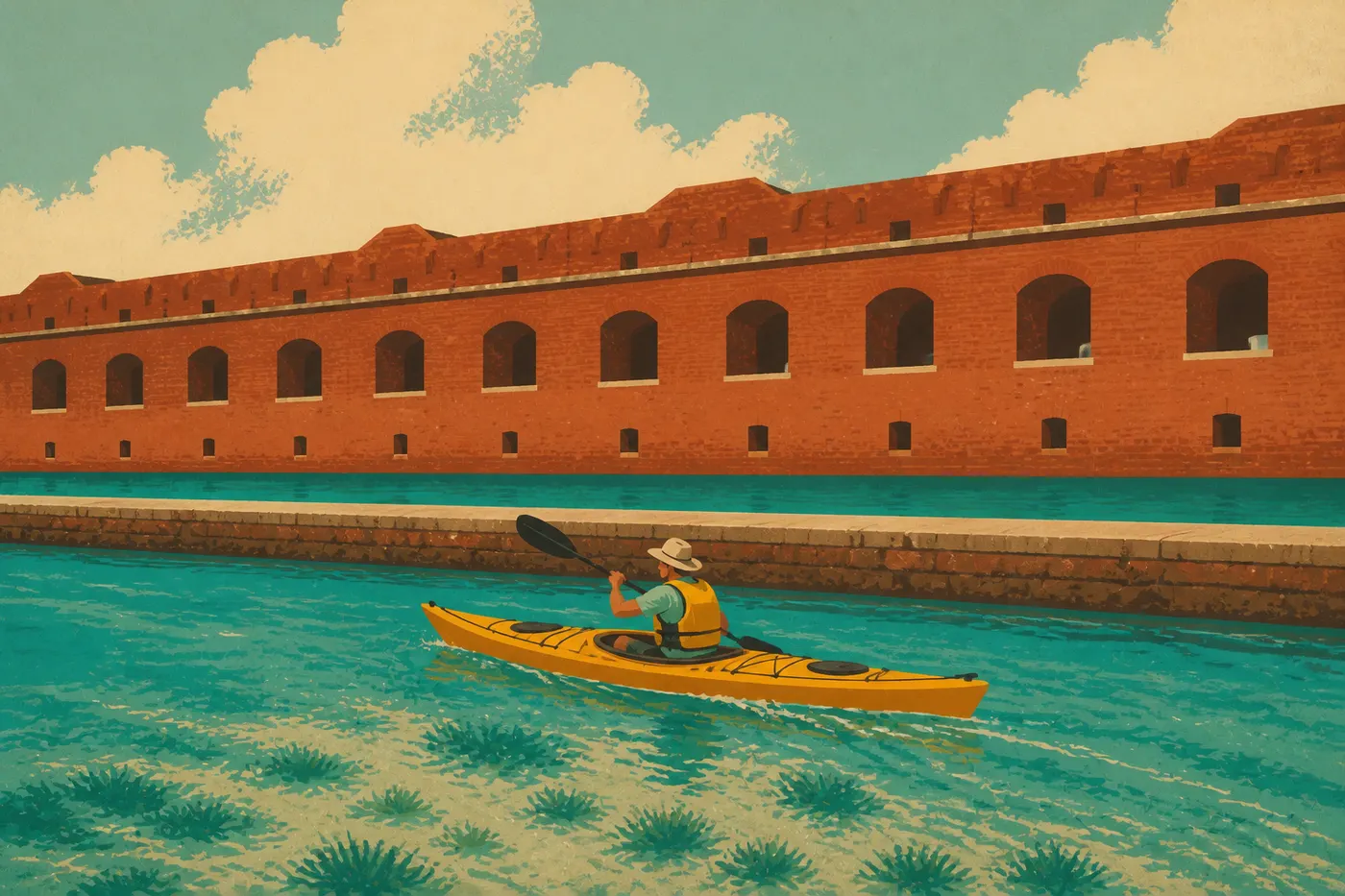 Illustration sérigraphiée : Kayakiste longeant les eaux turquoise et les murailles de Fort Jefferson autour de Garden Key