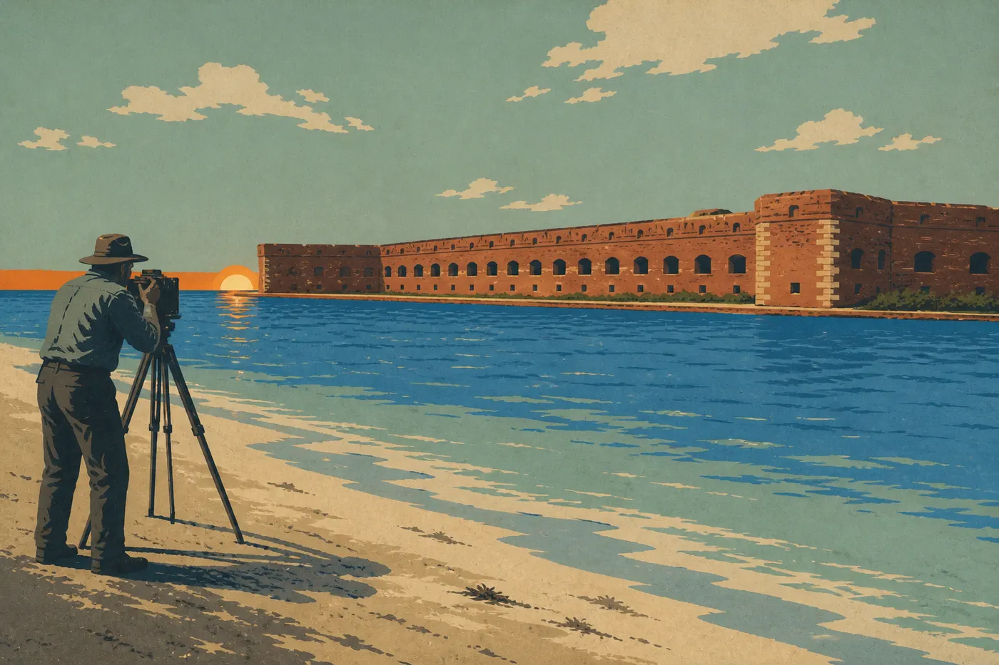 Illustration sérigraphiée : Photographe installé sur la plage de Garden Key face au coucher de soleil derrière Fort Jefferson