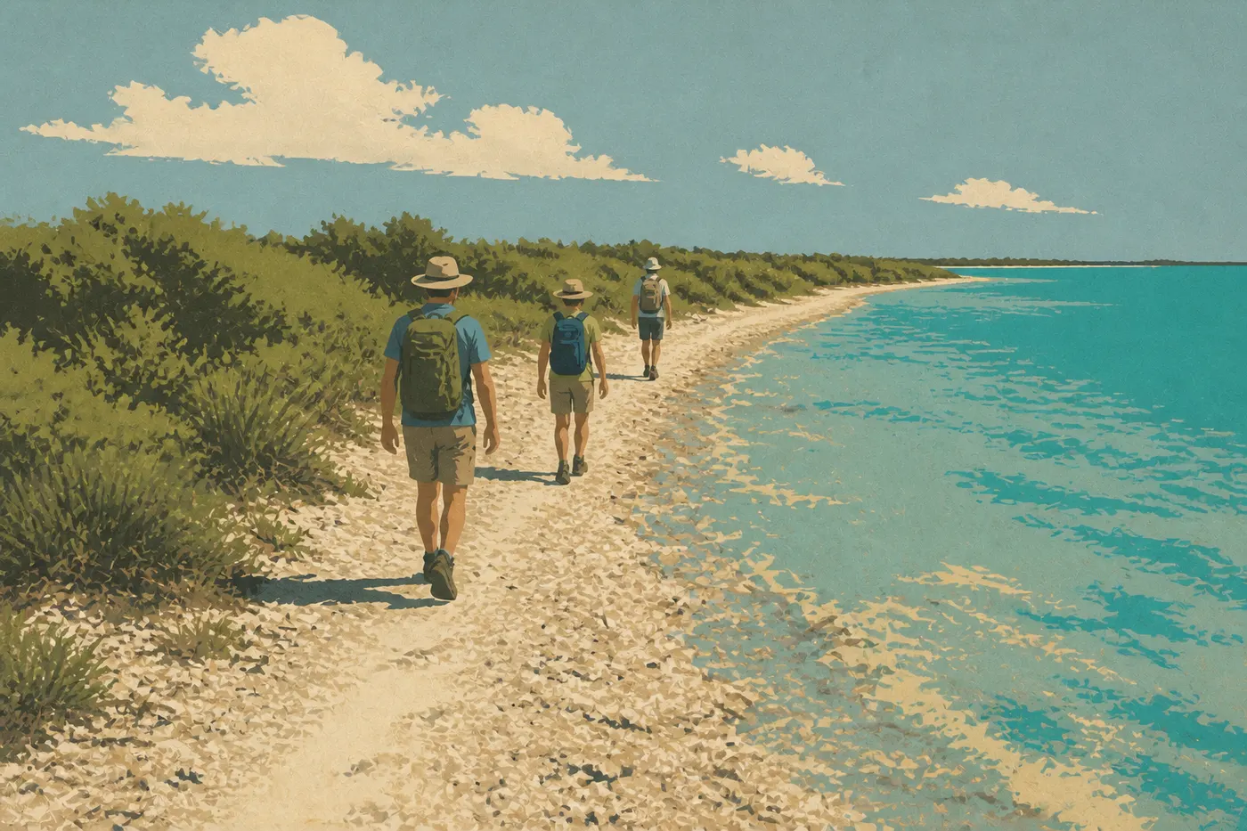 Illustration sérigraphiée : Randonneurs suivant le sentier côtier de Bush Key entre sable blanc, corail et mer turquoise