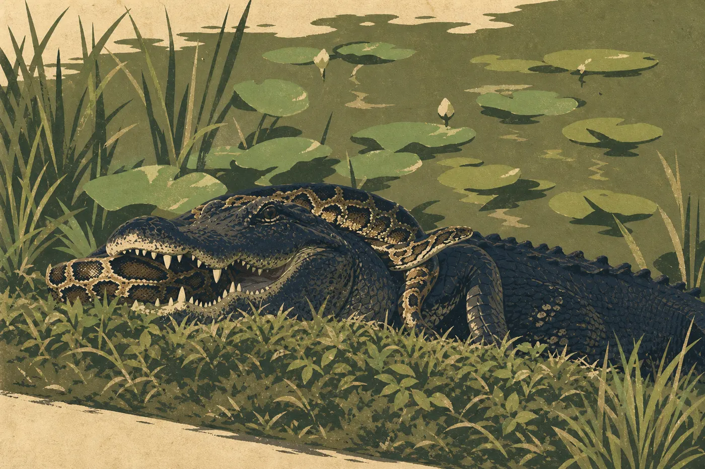 Illustration sérigraphiée : Alligator américain immobile au bord d’un chenal de sawgrass, observé à distance depuis une passerelle