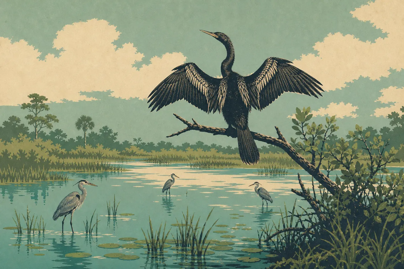 Illustration sérigraphiée : Anhinga perché ailes ouvertes au-dessus d’un slough, entouré de hérons et de végétation aquatique