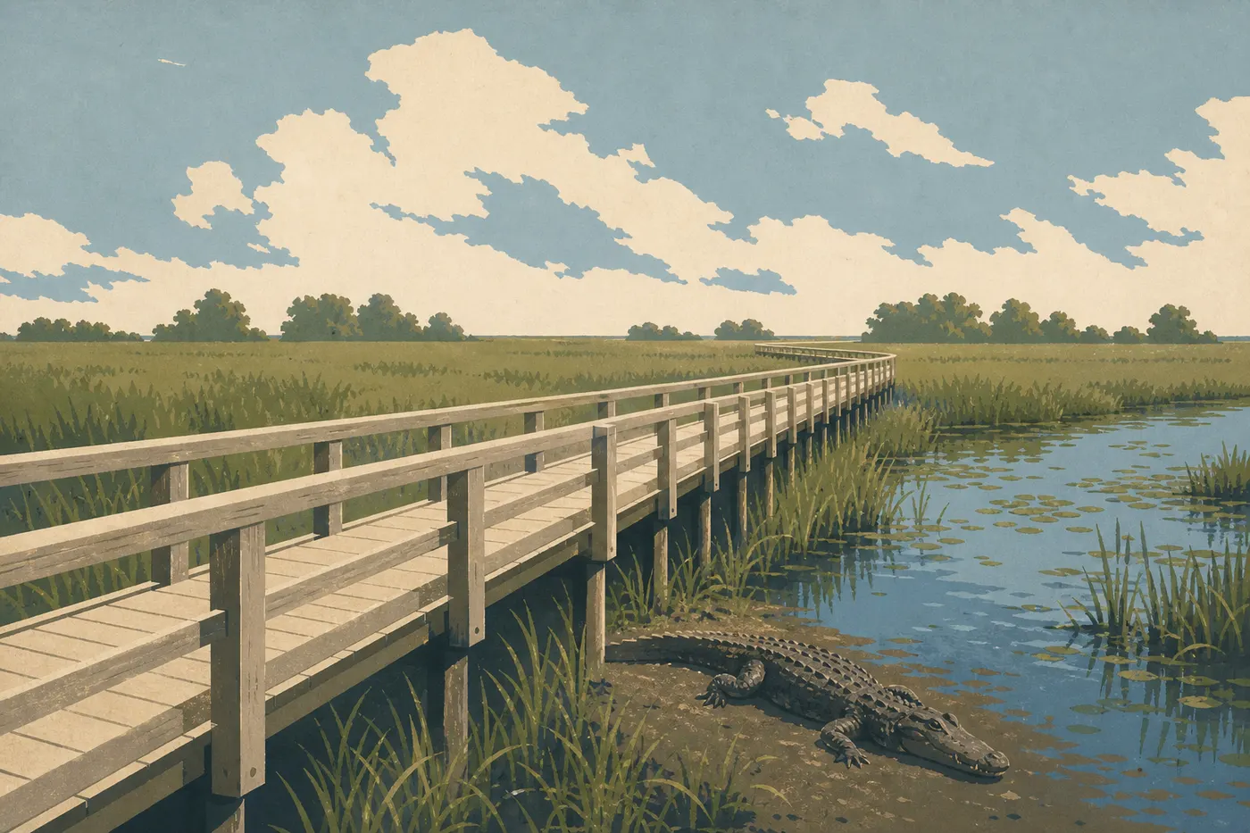 Illustration sérigraphiée : Passerelle de l’Anhinga Trail traversant les sawgrass de Royal Palm, avec alligator visible au bord de l’eau