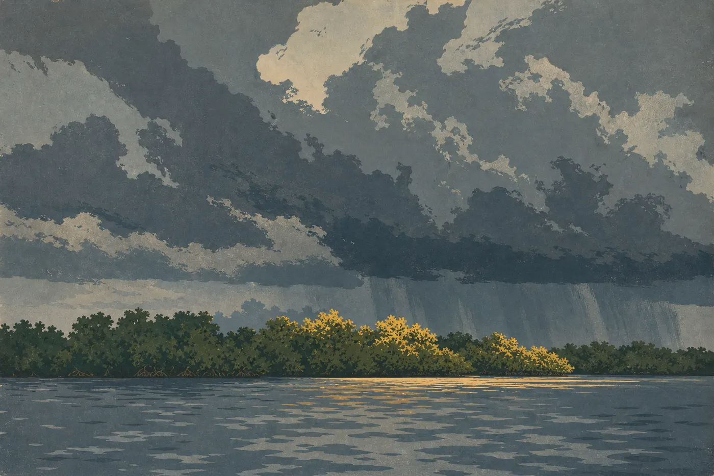 Ilustración serigrafiada: Luz otoñal tras la tormenta sobre los manglares de Florida Bay, con nubes aún cargadas en el horizonte.