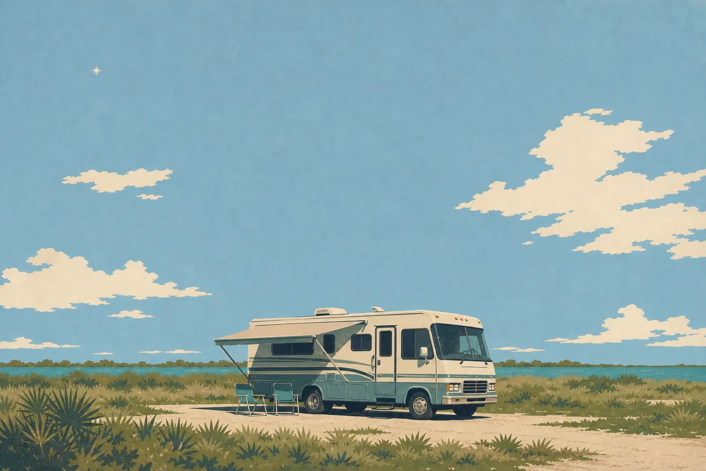 Illustration sérigraphiée : Camping-car installé au Flamingo Campground devant la prairie côtière et le ciel immense de Florida Bay