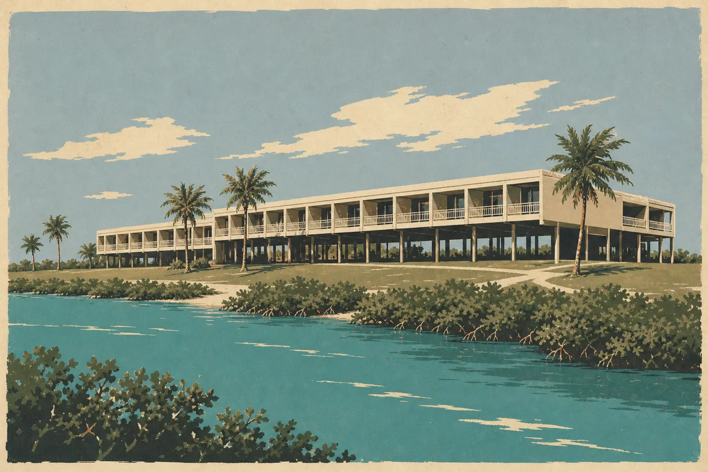 Illustration sérigraphiée : Flamingo Lodge face à Florida Bay, bâtiments surélevés entre palmiers, mangroves et eau turquoise