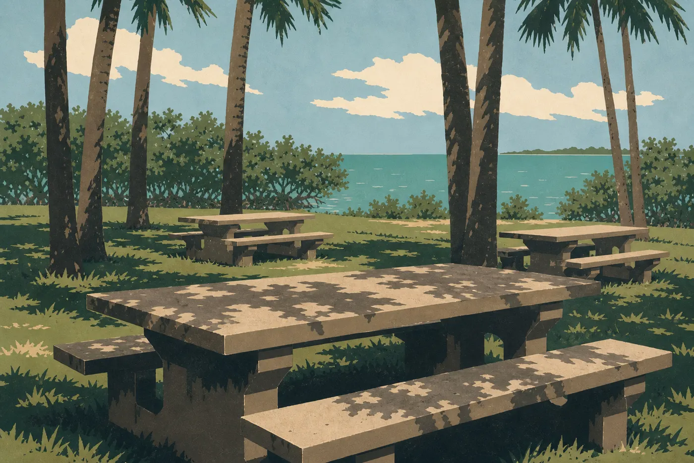 Illustration sérigraphiée : Tables de pique-nique de Flamingo à l’ombre des palmiers, avec Florida Bay visible derrière les mangroves